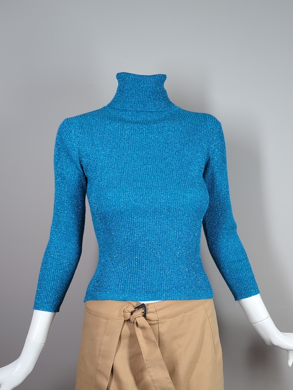 Vintage 90s Jacob Teal Metallic Ribbed Turtleneck Sweater Small